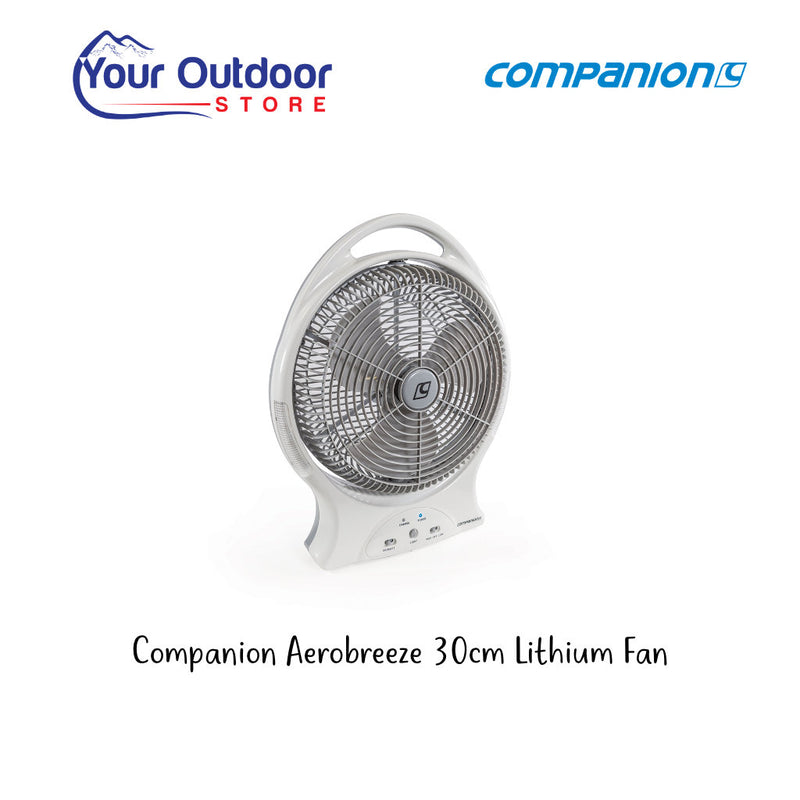 10000074 Companion Aerobreeze 30cm Lithium Fan. Hero image with title and logos