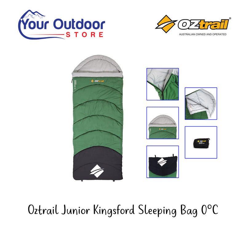 Green | Oztrail Junior Kingsford Sleeping Bag 0 Deg. Hero image with title and logos