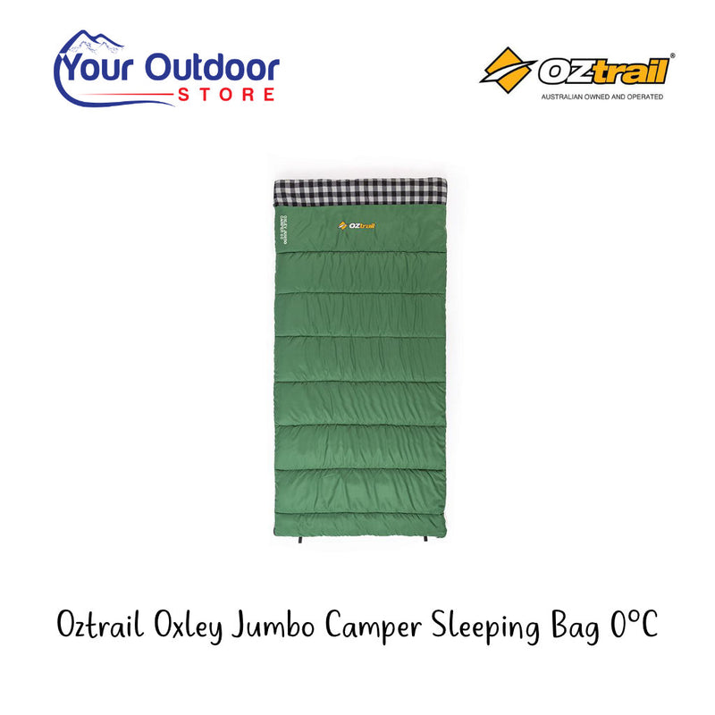 Oztrail Oxley Jumbo Camper 0C Sleeping Bag. Hero image with title and logos