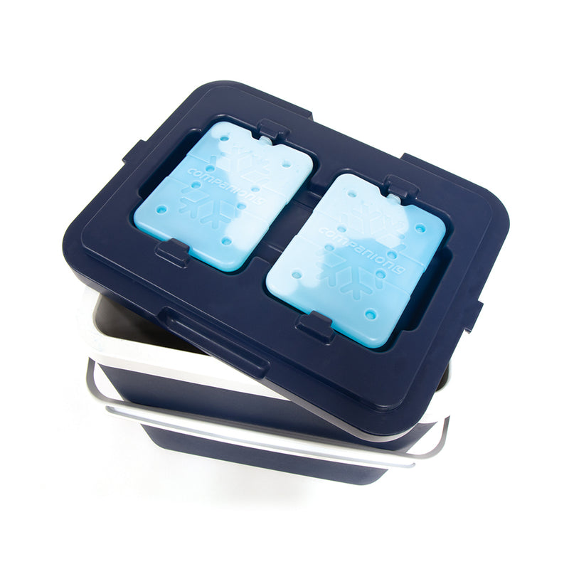 Blue and White | Companion Hard Cooler 26L. Snap-in ice brick feature inside lid