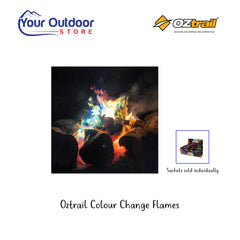 Oztrail Colour Change Flames. Hero Image with title and logos