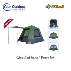 Oztrail Fast Frame 4 Person Tent. Hero image with title and logos