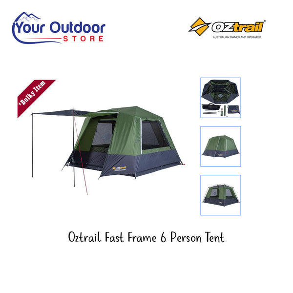 Oztrail Fast Frame 6 Person Tent. Hero image with title and logos