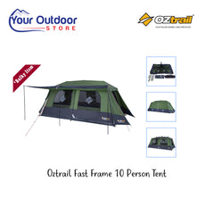 Oztrail Fast Frame 10 Person Tent. Hero Image With Title and Logos