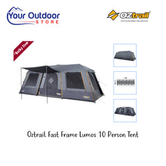 Oztrail Fast Frame Lumos 10 Person Tent. Hero image with title and logos