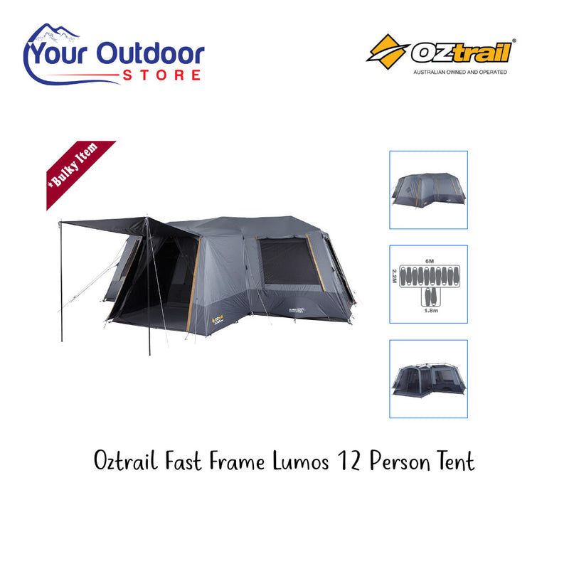Oztrail Fast Frame Lumos 12 Person Tent. Hero image with title and logos