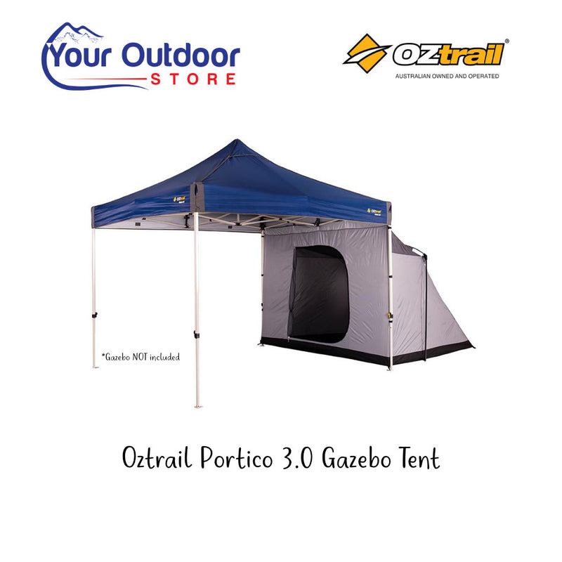 Oztrail Gazebo Portico Tent 3.0. Hero image with title and logos