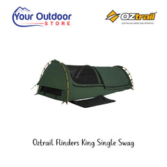 Khaki | Oztrail Flinders King Single Swag. Hero image with logos and title