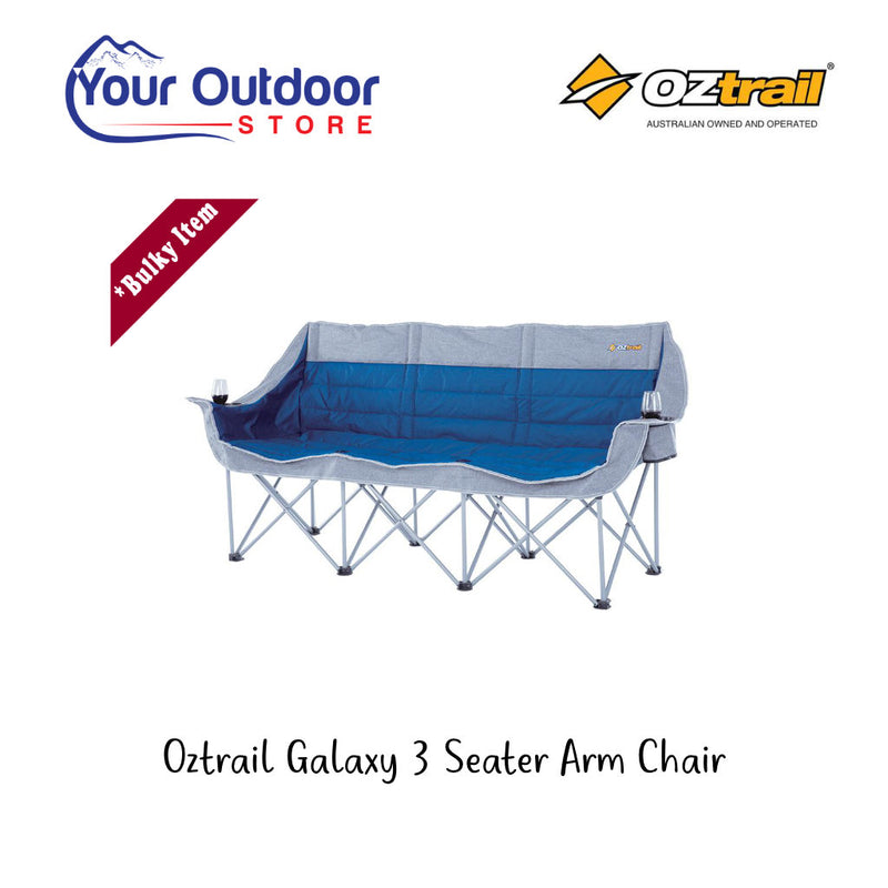 Oztrail Galaxy 3 Seater Sofa With Arms. Hero image with title and logos
