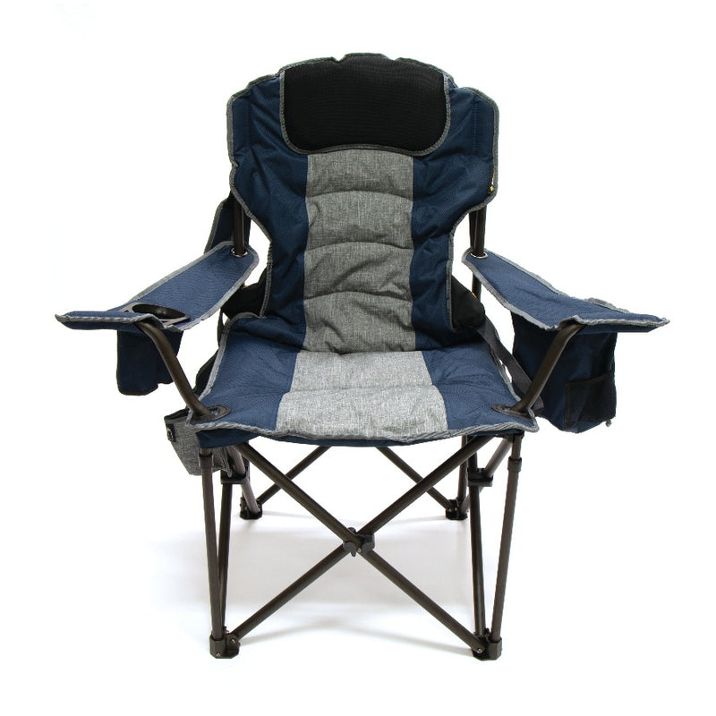 Front View chair set up blue in colour with grey strip down the middle of the seat