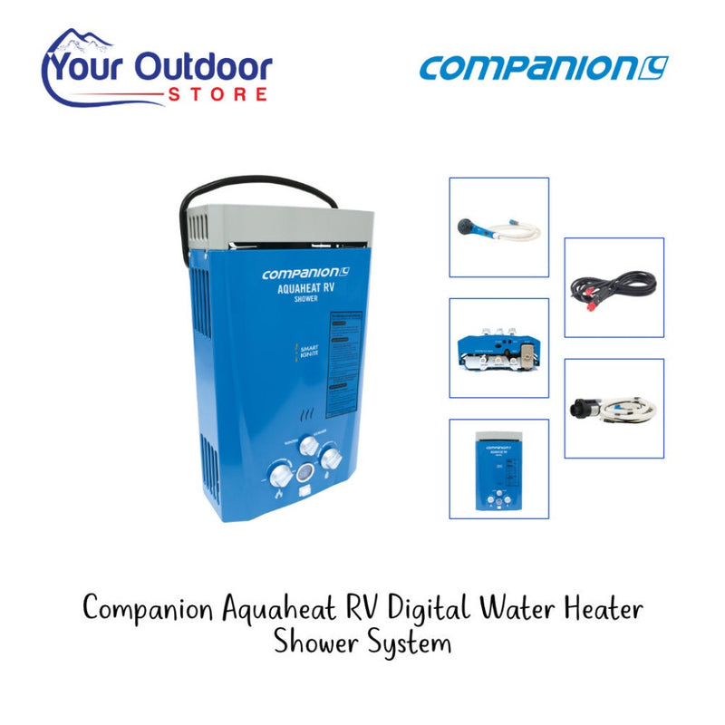 Companion Aquaheat RV Digital Water Heater. Hero image with title and logos plus image inserts