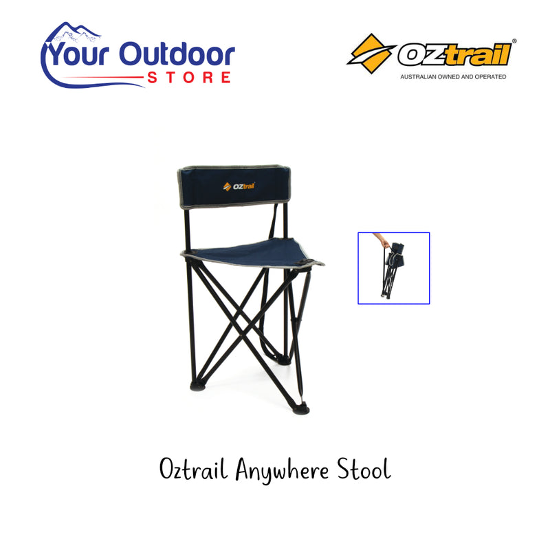 Oztrail Anywhere Stool. Hero image with title and logos