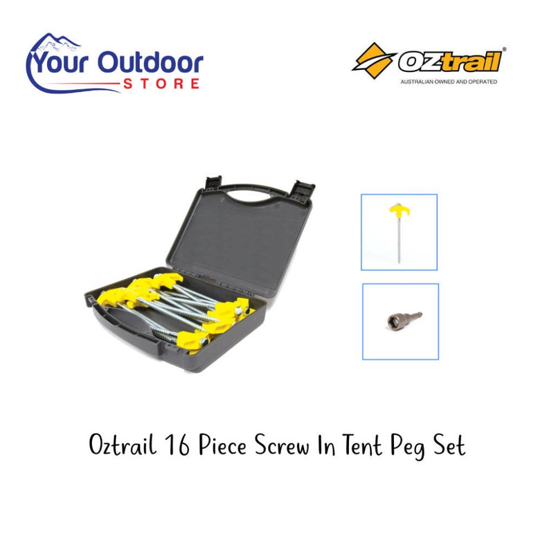 Oztrail 16 Piece Screw In Tent Peg Set. Hero image with title and logos