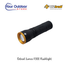 Oztrail Lumos F300 Flashlight. Hero image with title and logos