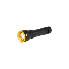 Oztrail Lumos FR800 Flashlight Angled View of Light and Dura-grip Handle.