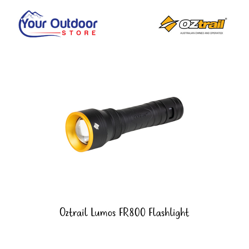 Oztrail Lumos FR800 Flashlight. Hero Image Showing Logos and Titles