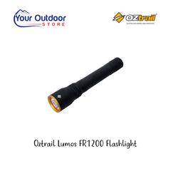 Oztrail Lumos FR1200 Flashlight. Hero image with title and logos