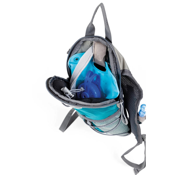 Teal | Pack open to show hydration reservoir inside
