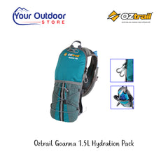 Oztrail Goanna 1.5L Hydration Pack. Hero image with title and logos