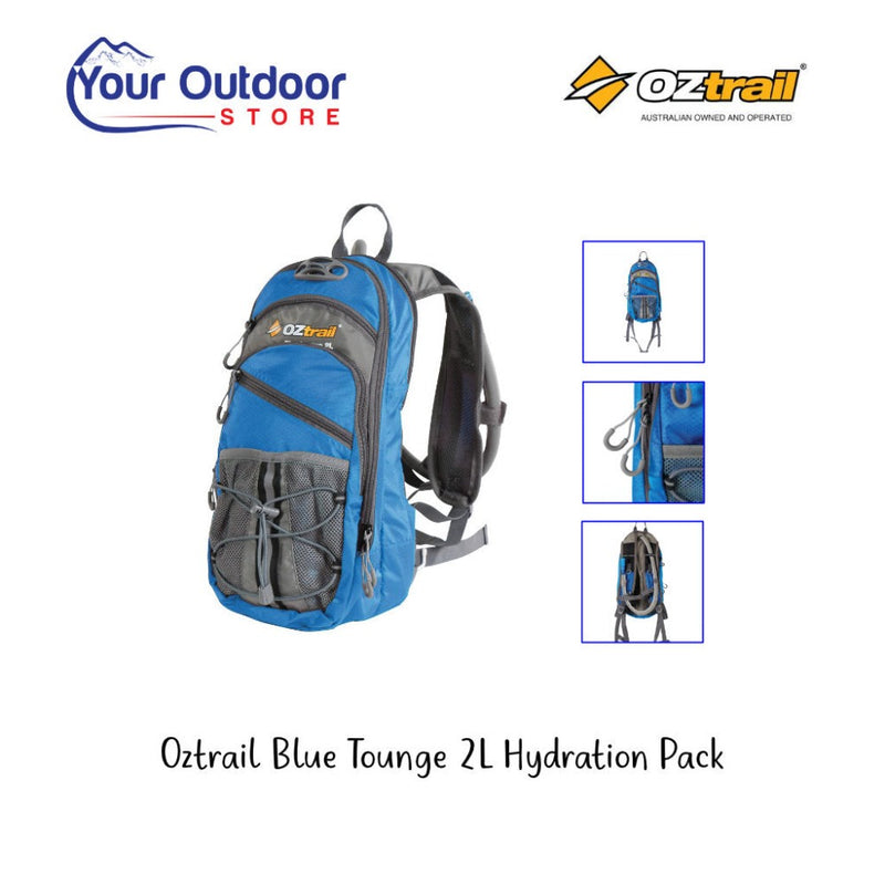 Oztrail Blue Tongue 2 Litre Hydration Pack. Hero image with title and logos