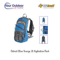 Oztrail Blue Tongue 2 Litre Hydration Pack. Hero image with title and logos