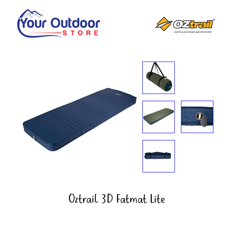 Oztrail 3D Fatmat Lite. Hero image with title and logos