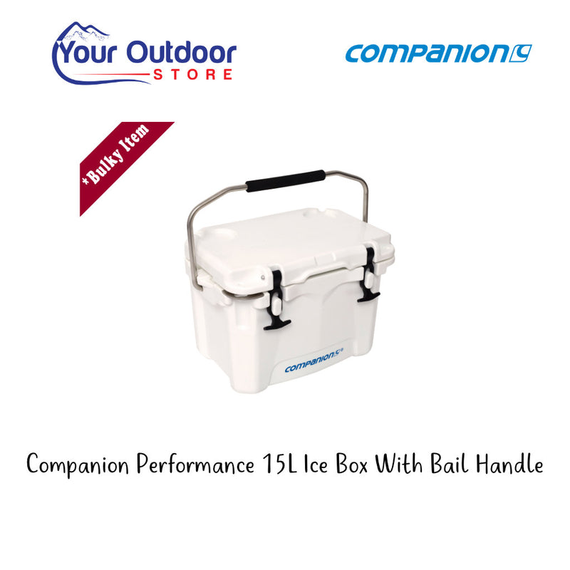 Companion 15L Ice Box with Bail Handle. Hero image with title and logos