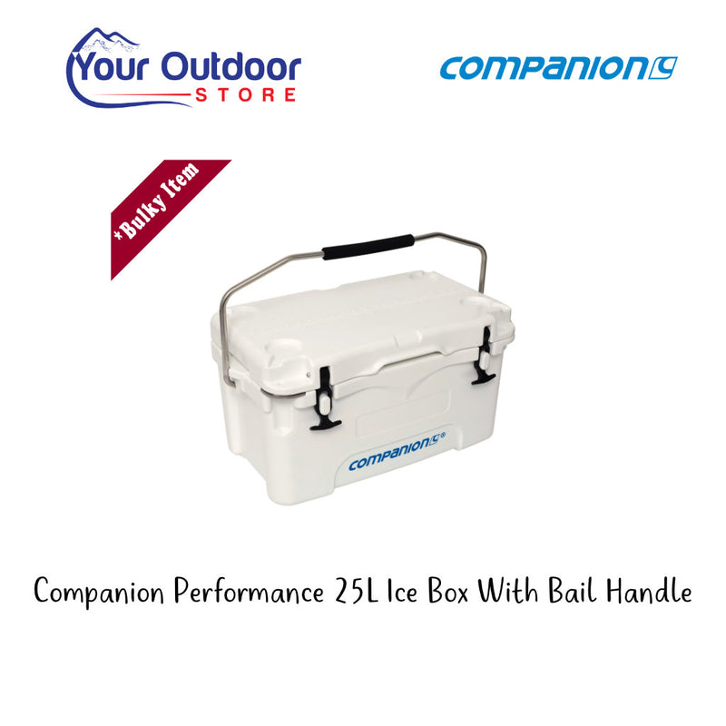 Companion 25L Ice Box with Bail Handle. Hero image with title and logos