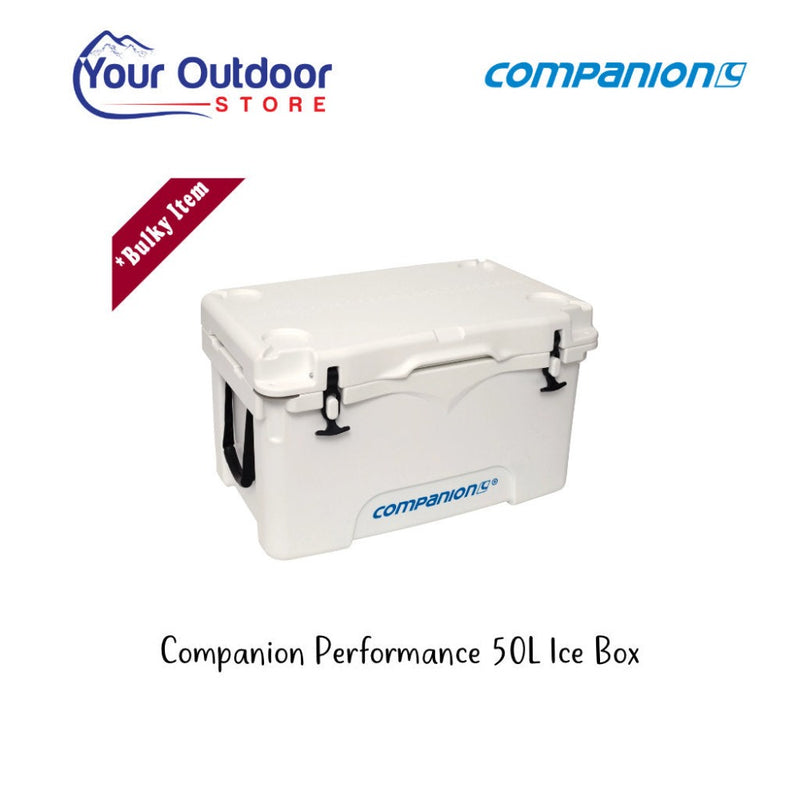 Companion 50L Ice Box. Hero image with title and logos