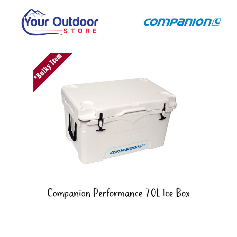 Companion 70L Ice Box. Hero image with title and logos