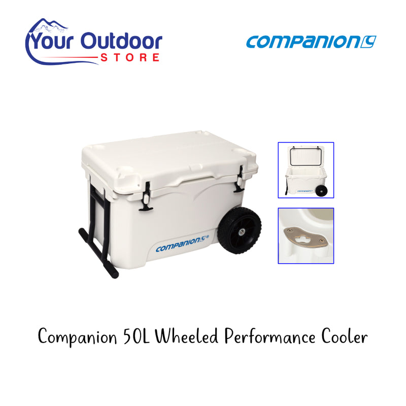 Companion Wheeled Ice Box 50 Litre. Hero image with title and logos