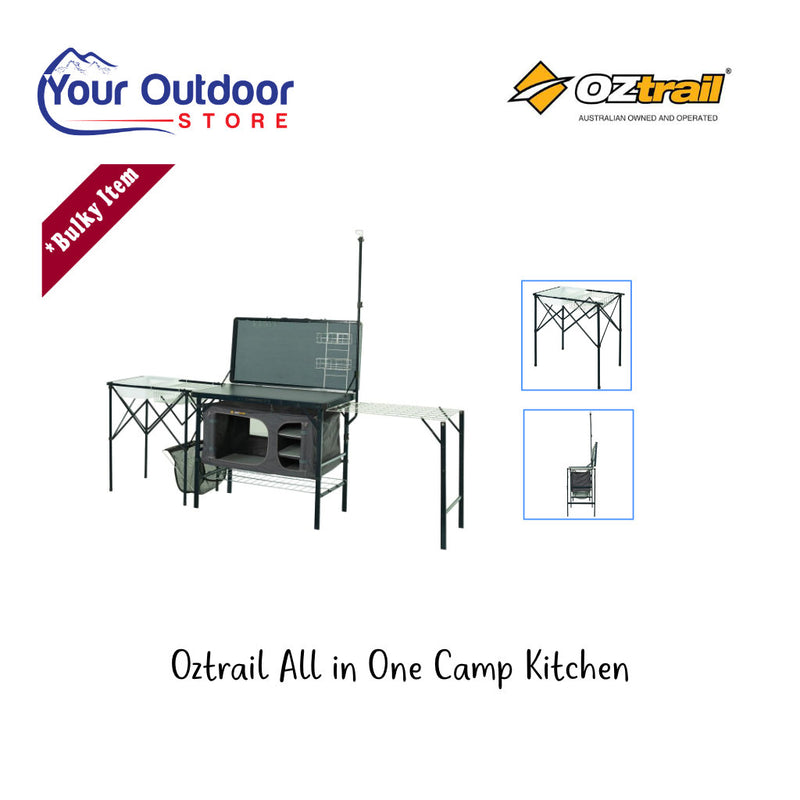 Oztrail All in One Camp Kitchen. Hero image with title and logos