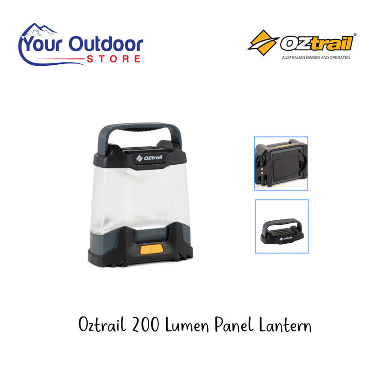 Oztrail 200 Lumos Panel Lantern. Hero image with title and logos