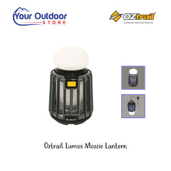 Oztrail Lumos Mozzie Lantern. Hero image with title and logos