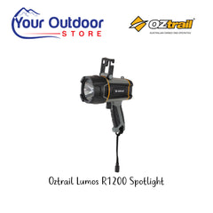 Oztrail Lumos R1200 Spotlight. Hero Image Showing Logos and Title. 