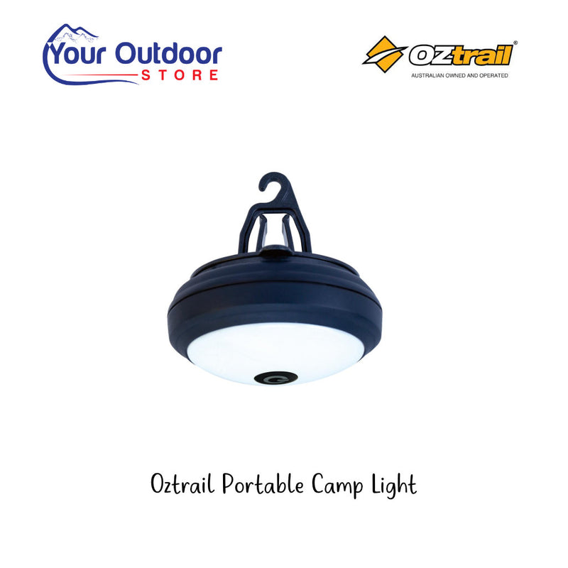 Oztrail Portable Camp Light. Hero image with title and logos