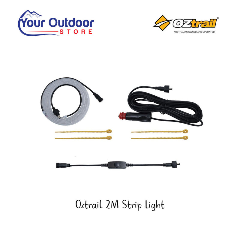 Oztrail 2m Strip Light. Hero image with title and logos