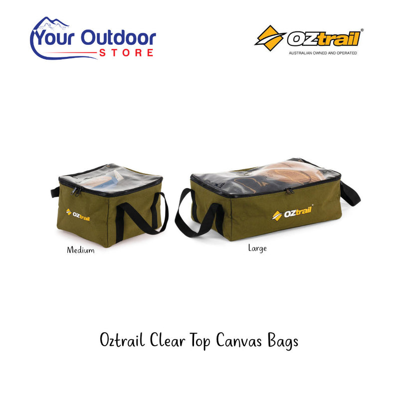 Oztrail Clear Top Canvas Bag. Hero image with title and logos