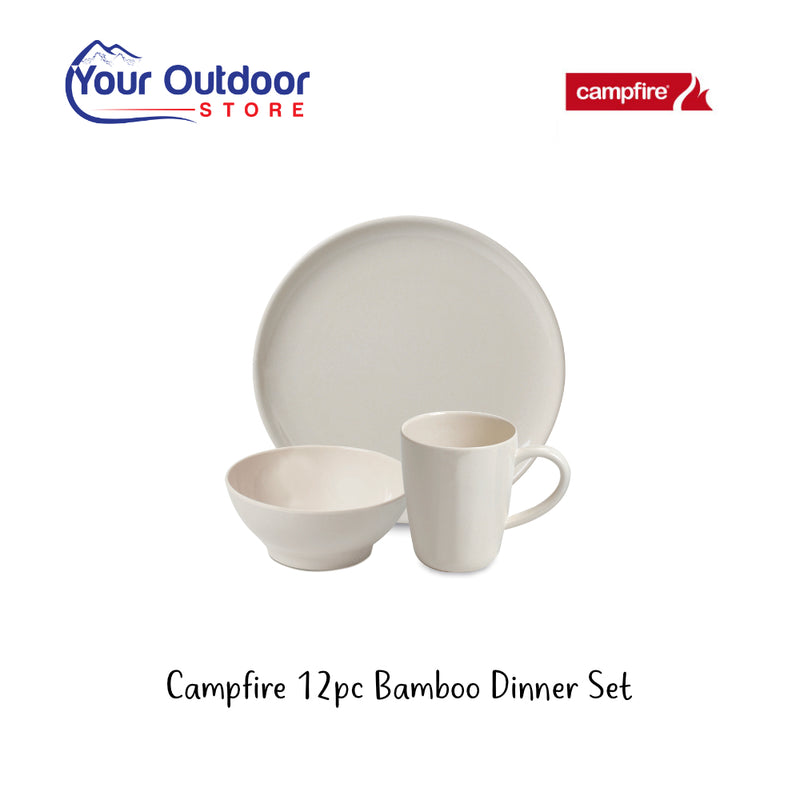 Campfire 12pc Bamboo Dinner Set. Hero image with title and logos