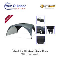 Oztrail Blackout Shade Dome With Sun Wall 4.2m. Hero image with title and logos