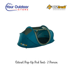 Oztrail Pop Up Pod Tent- 2 Person. Hero image with title and logos