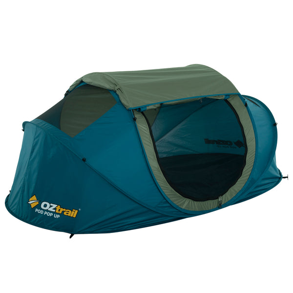 Fully set up pod tent with doors rolled up