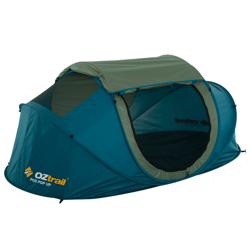 Fully set up pod tent with doors rolled up