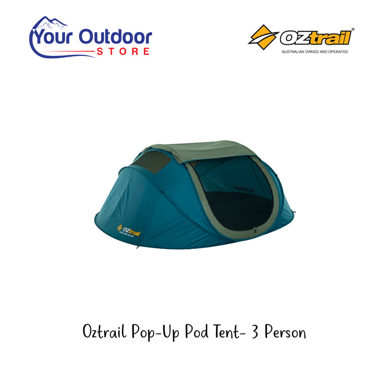 Oztrail Pop Up Pod Tent- 3 Person. Hero image with title and logos.