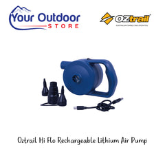 Oztrail Hi Flo Rechargeable Lithium Air Pump. Hero Image Showing Logos and Title. 