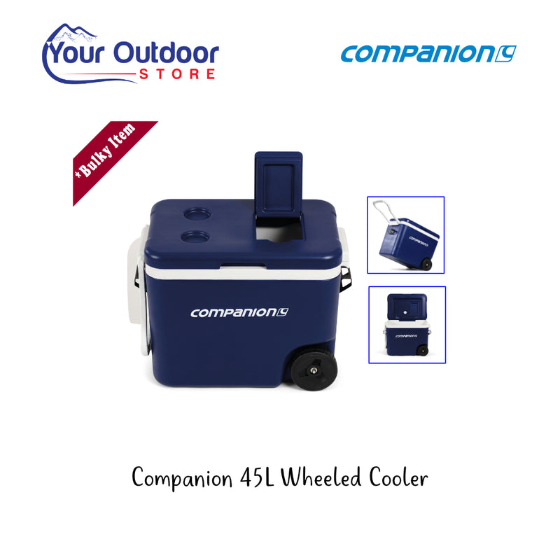 Companion 45L Wheeled Cooler. Hero image with title and logos