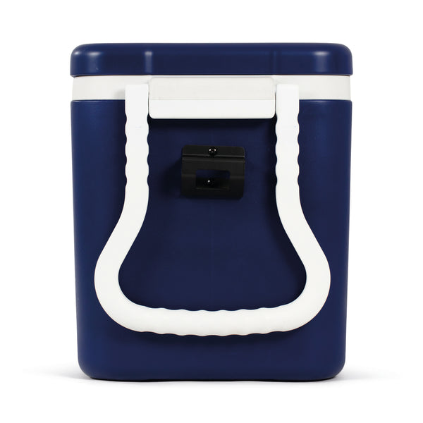 Blue And White | Side view of pull handle folded down against the side of the cooler