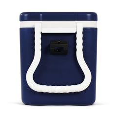 Blue And White | Side view of pull handle folded down against the side of the cooler