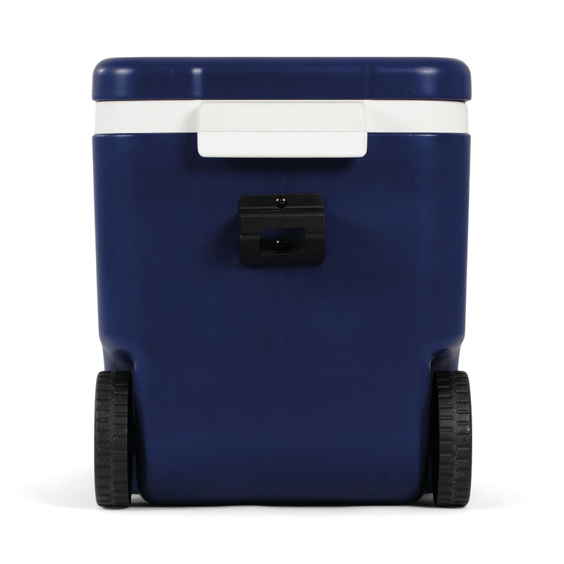 Blue And White | Side view of cooler showing the wheels and handle