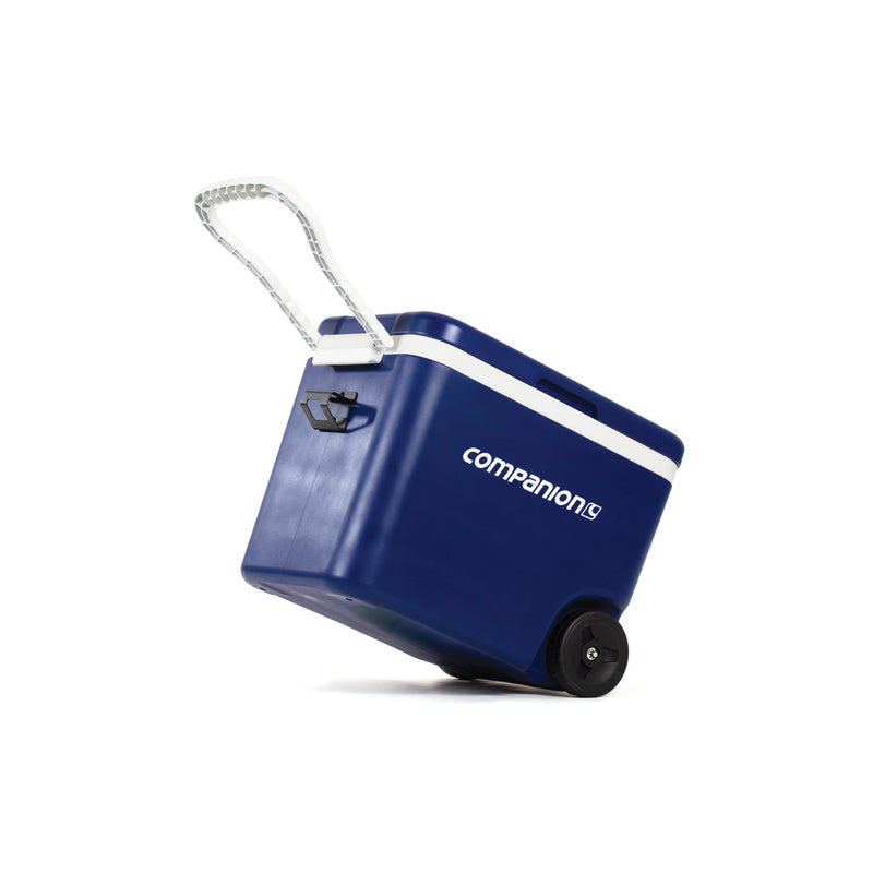 Blue And White | Cooler tilted back on wheels with pull handle out.